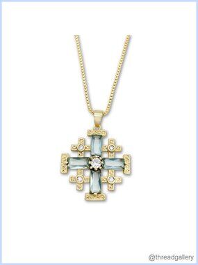 18k Yellow Gold Plated Jerusalem Cross Pendant Necklace Created Topaz 20"